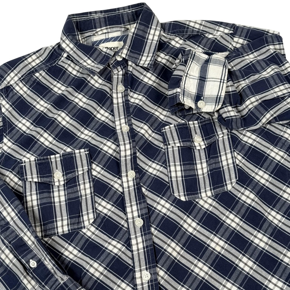 Paper Denim Cloth Shirt Medium Blue Plaid Button Front LS Western Cowboy Rodeo
